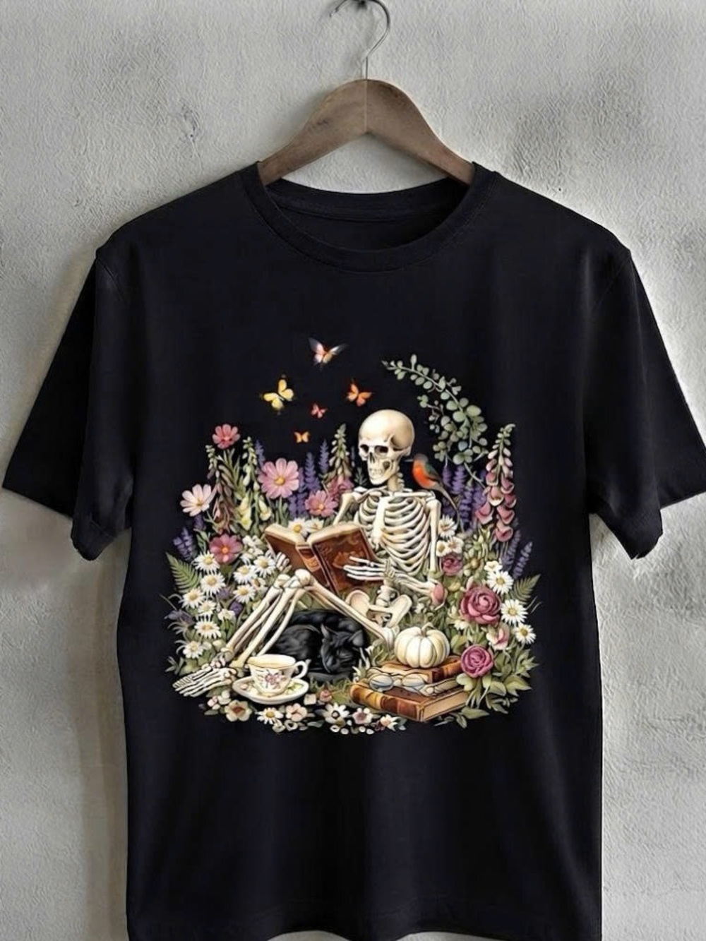 Black Floral Skeleton Reading Graphic Tee Shirt